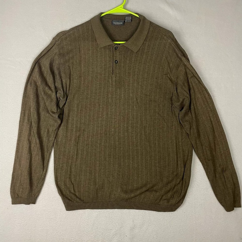 Van Heusen Sweater Polo Men's Size Large Solid Brown Collared Long Sleeve